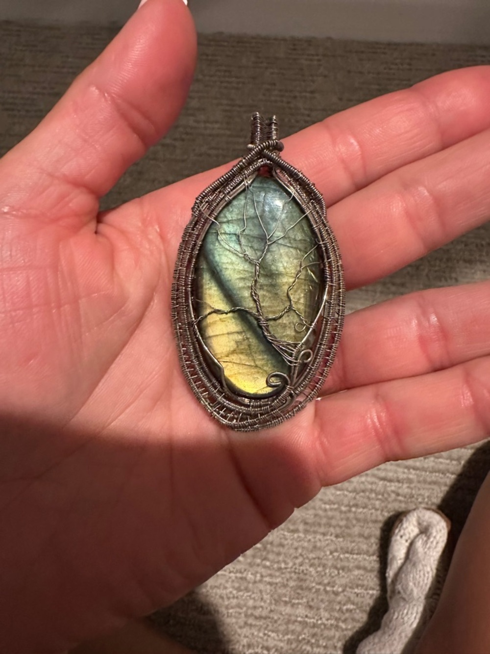 Wire-Wrapped Labradorite Tree of Life Pendant in Green and Gold